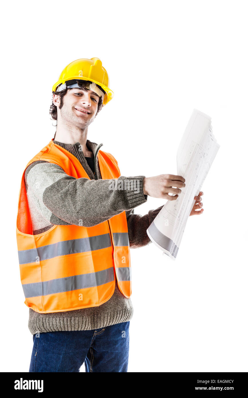 an handsome architect or engineer or foreman wearing a hard hat and reflective vest and carrying some construction plans. isolat Stock Photo