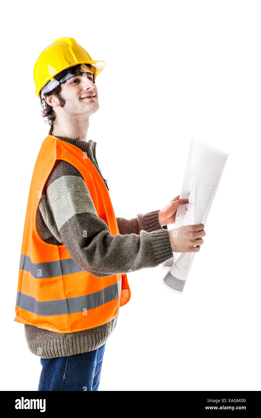 an handsome architect or engineer or foreman wearing a hard hat and reflective vest and carrying some construction plans. isolat Stock Photo