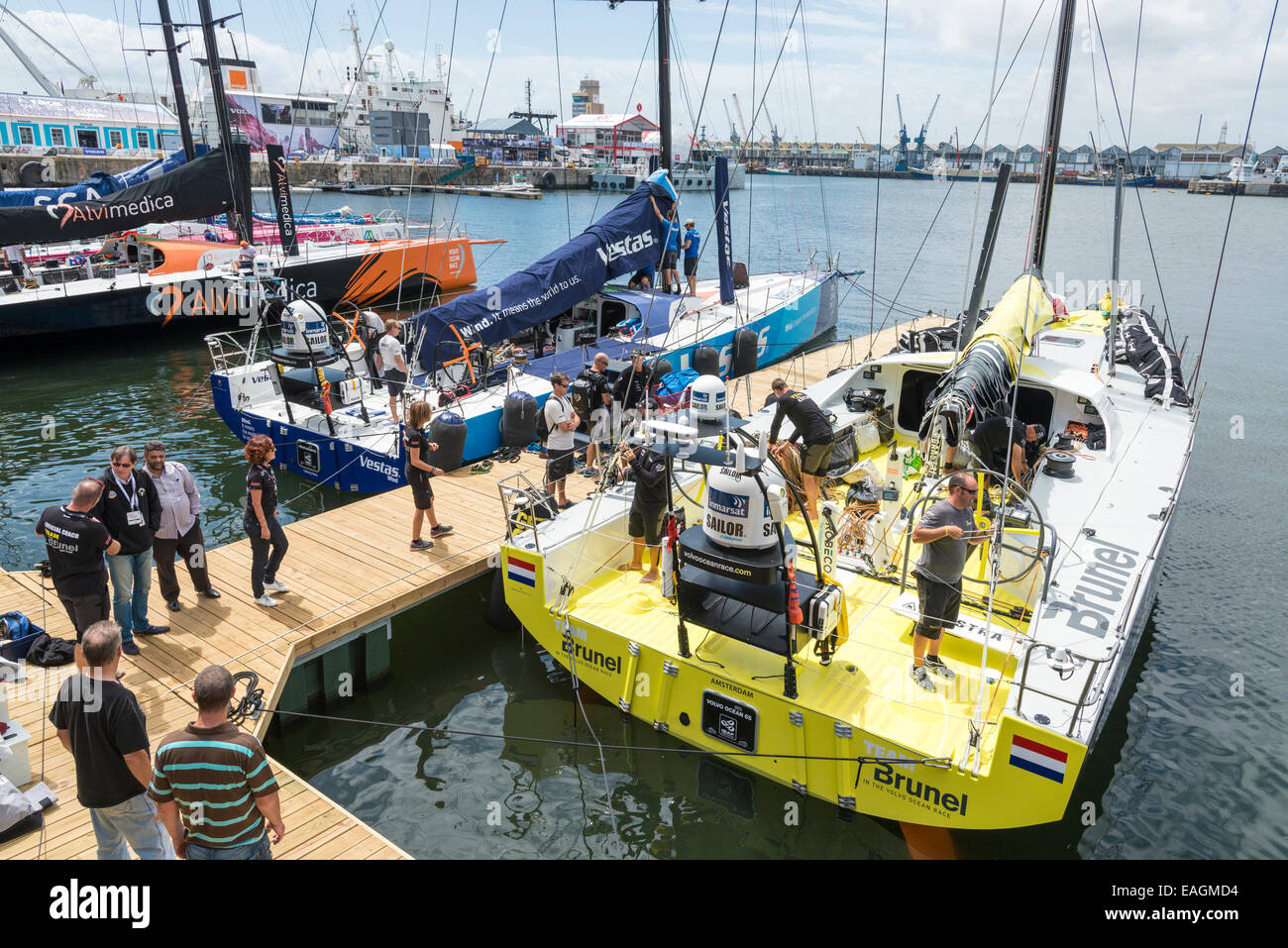 Crews preparing the boat for in harbour race, Volvo Ocean Race 2014-2015, Cape Town, South Africa Stock Photo