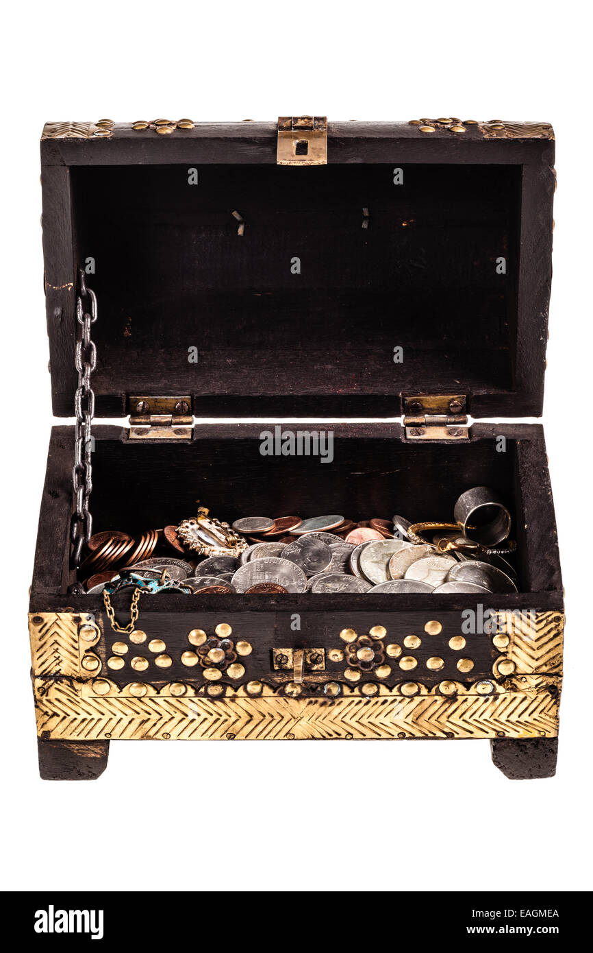 a golden chest full of coins isolated over a white background Stock ...
