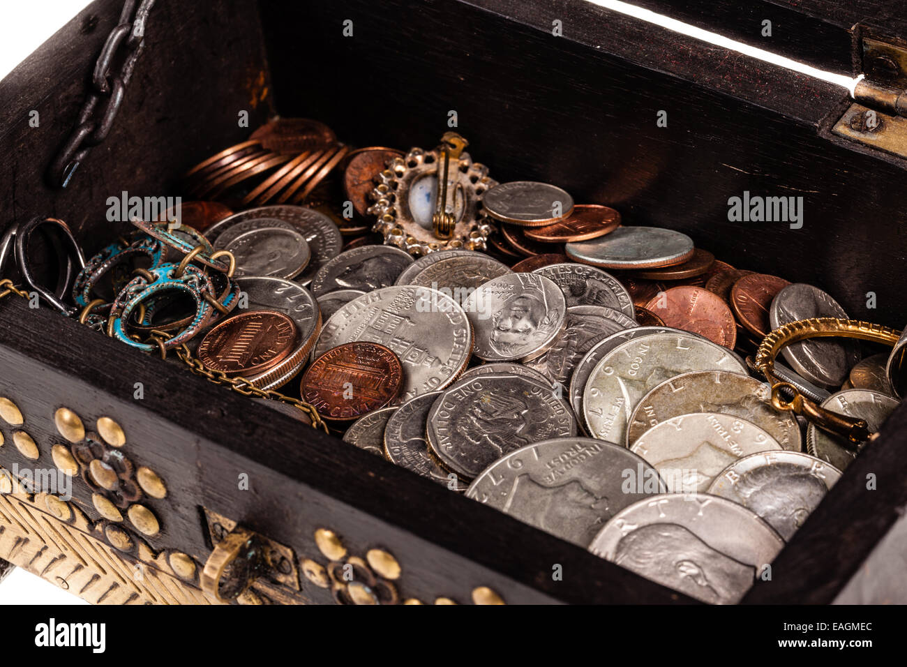 a golden chest full of coins isolated over a white background Stock ...