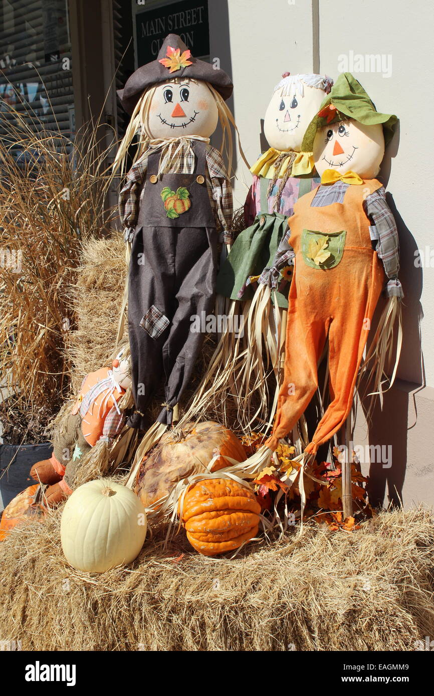 fall guys - scarecrows and pumpkins and hay Stock Photo