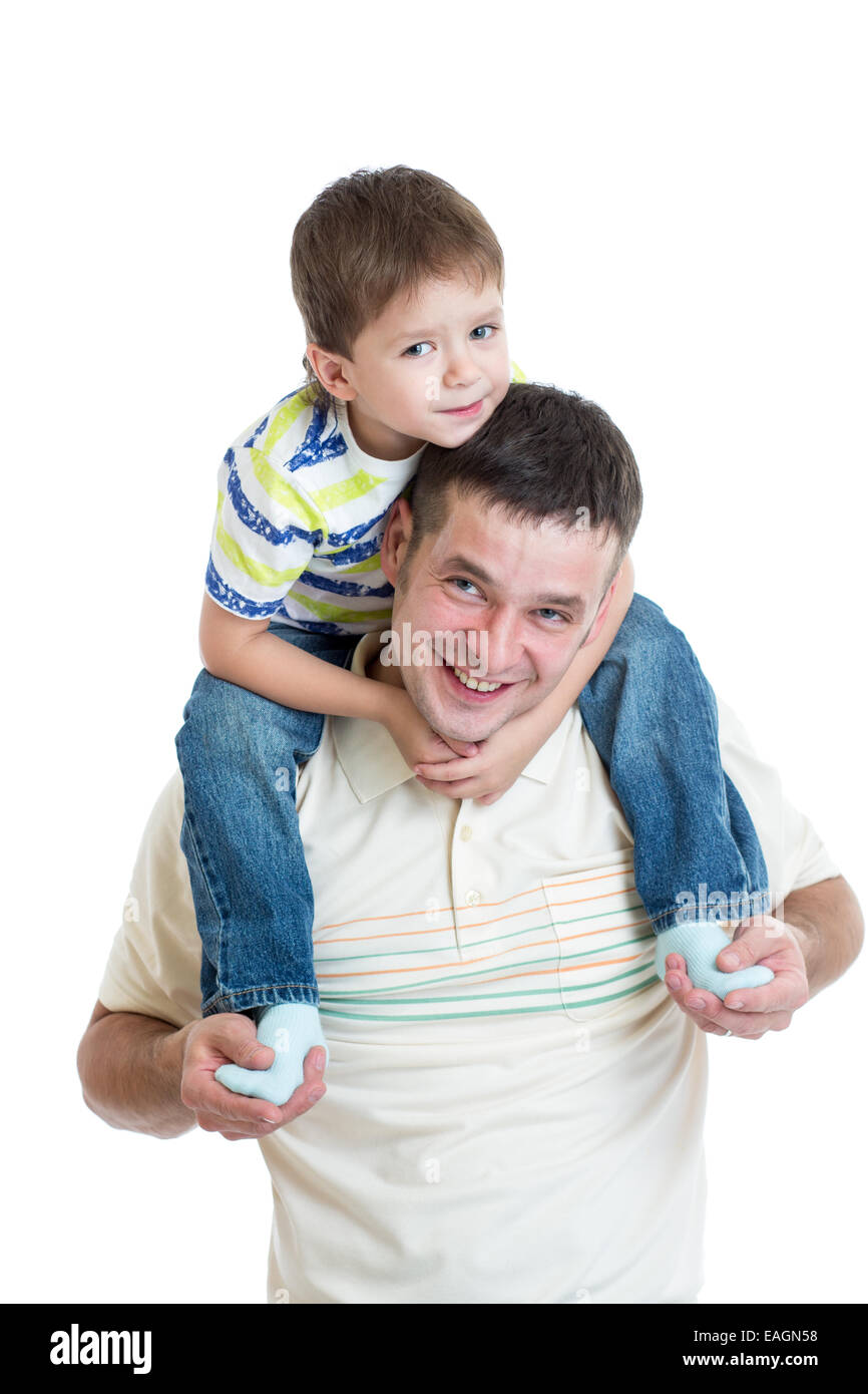 kid boy sitting on dad's shoulders Stock Photo Alamy