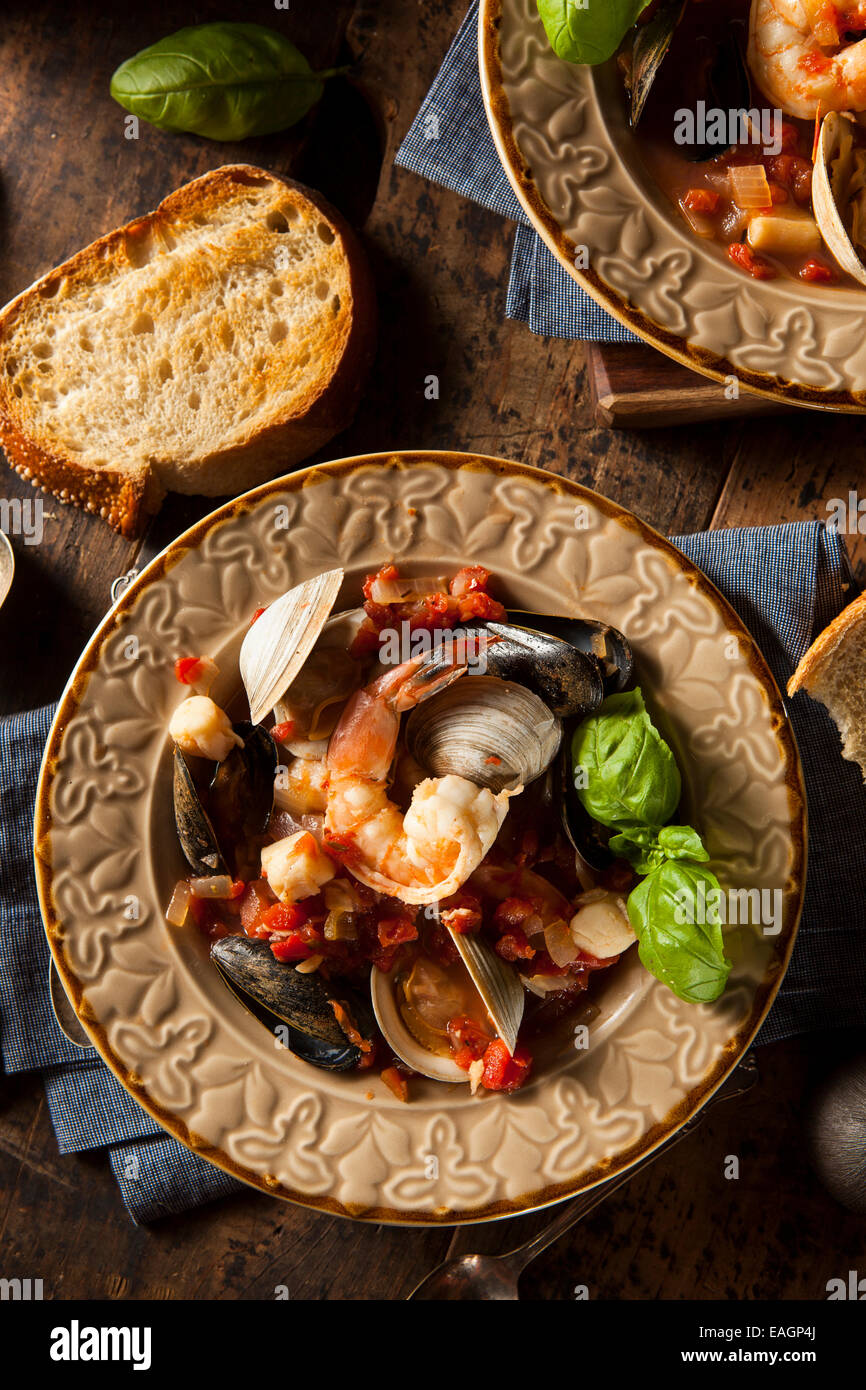 Homemade Italian Seafood Cioppino with Mussels, Clams, and Shrimps