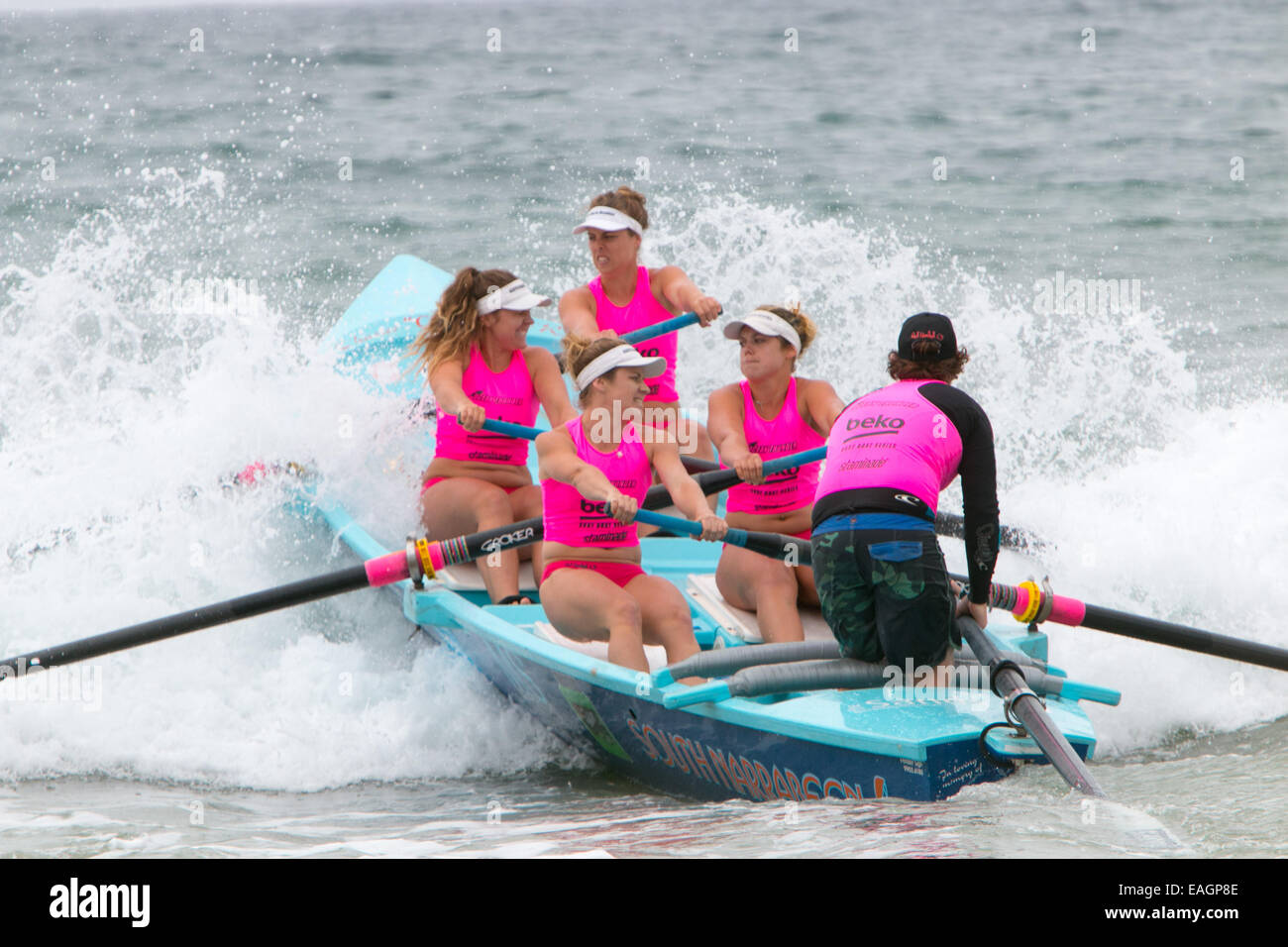 Sydney, Australia. 15th November, 2014. Surfboat racing carnival Australia. The Ocean Thunder series is specially developed for television and includes 24 elite mens teams and 12 elite womens teams from local sydney surf clubs, competition is underway at Dee Why beach Sydney australia Credit:  martin berry/Alamy Live News Stock Photo