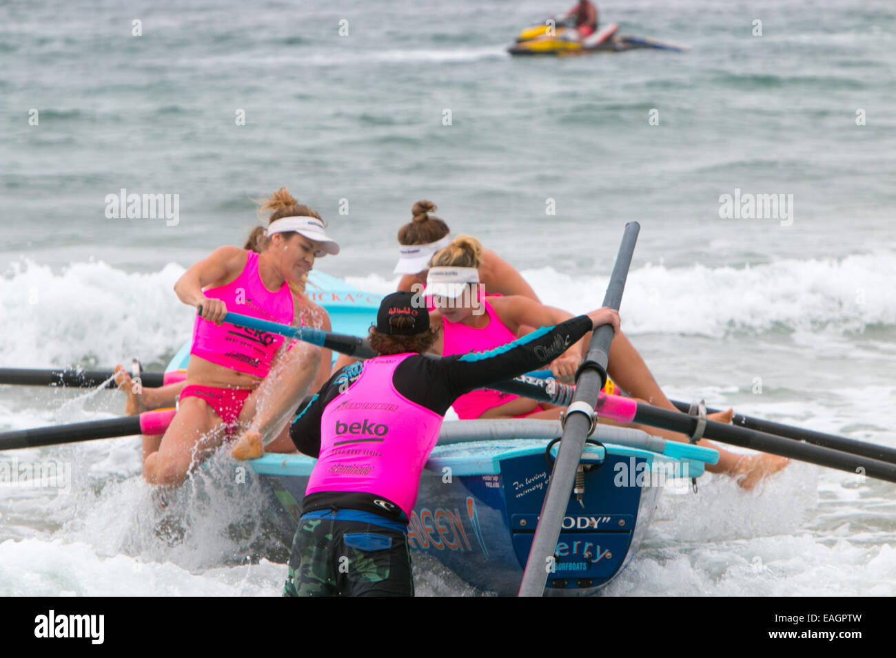 Sydney, Australia. 15th November, 2014. The Ocean Thunder series is specially developed for television and includes 24 elite mens teams and 12 elite womens teams from local sydney surf clubs, competition is underway at Dee Why beach Sydney australia,south narrabeen ladies team Credit:  martin berry/Alamy Live News Stock Photo