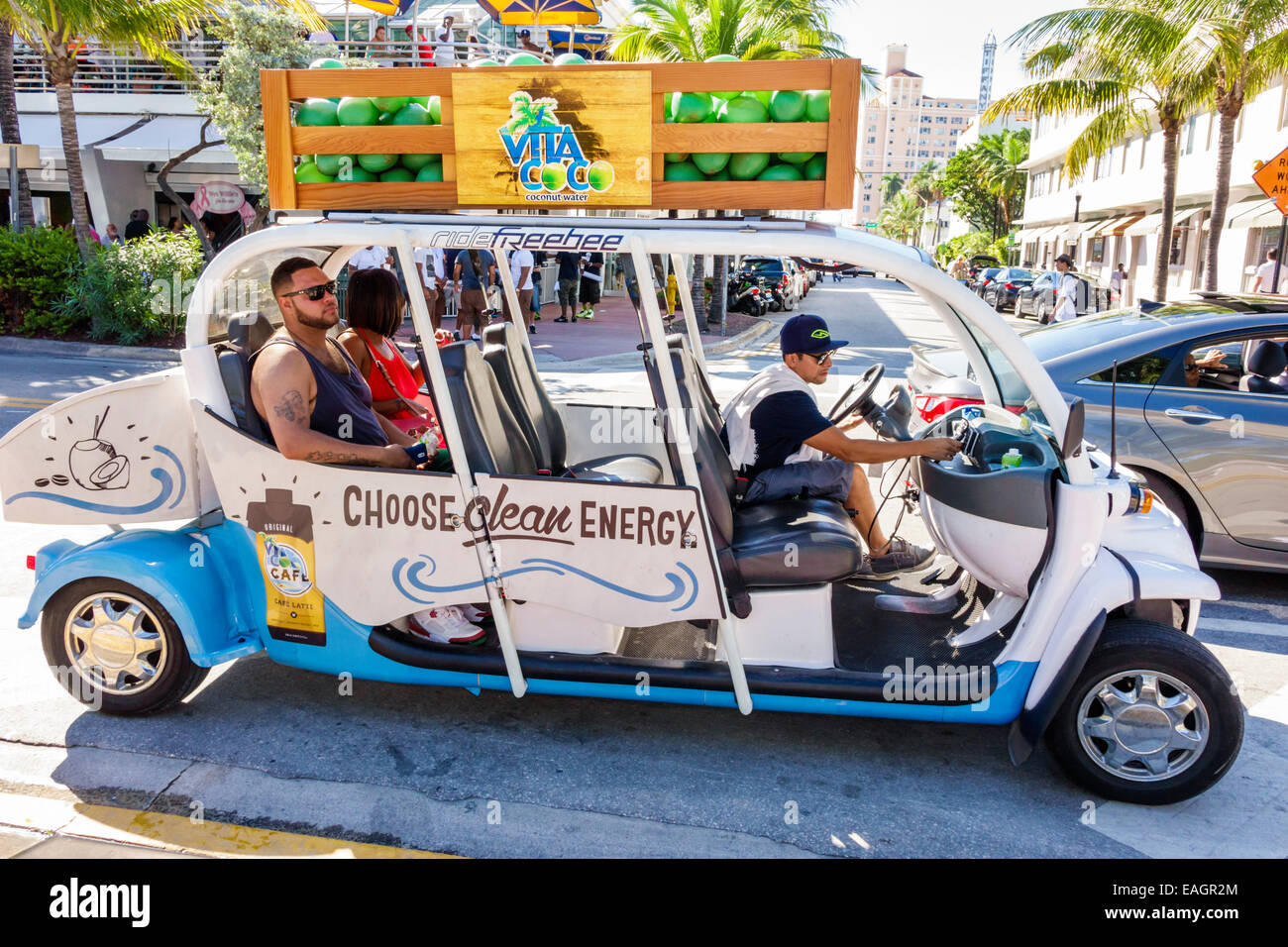 Miami Beach Florida,Ocean Drive,Freebee,free taxi,electric vehicle