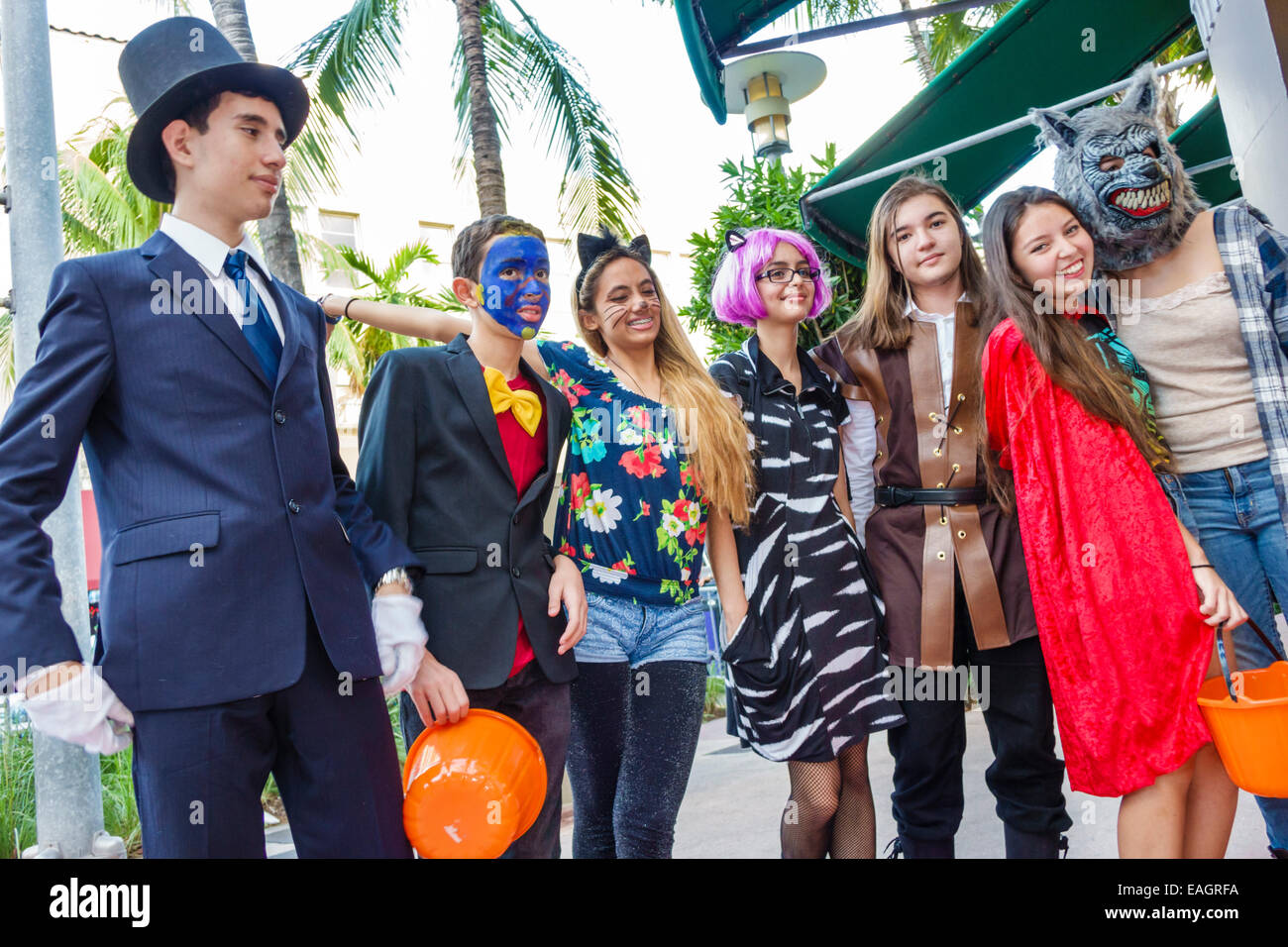 Miami Beach Florida,Lincoln Road,pedestrian mall arcade,Halloween,costume,wearing,outfit,character,teen teens teenage teenager teenagers youth adolesc Stock Photo