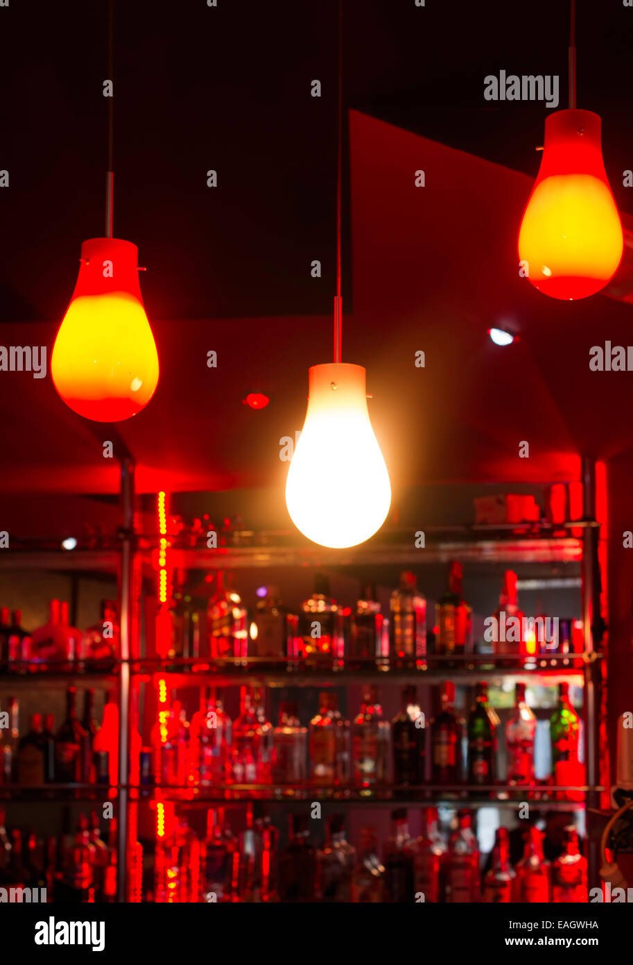 Lamps in a night bar. Red lights Stock Photo