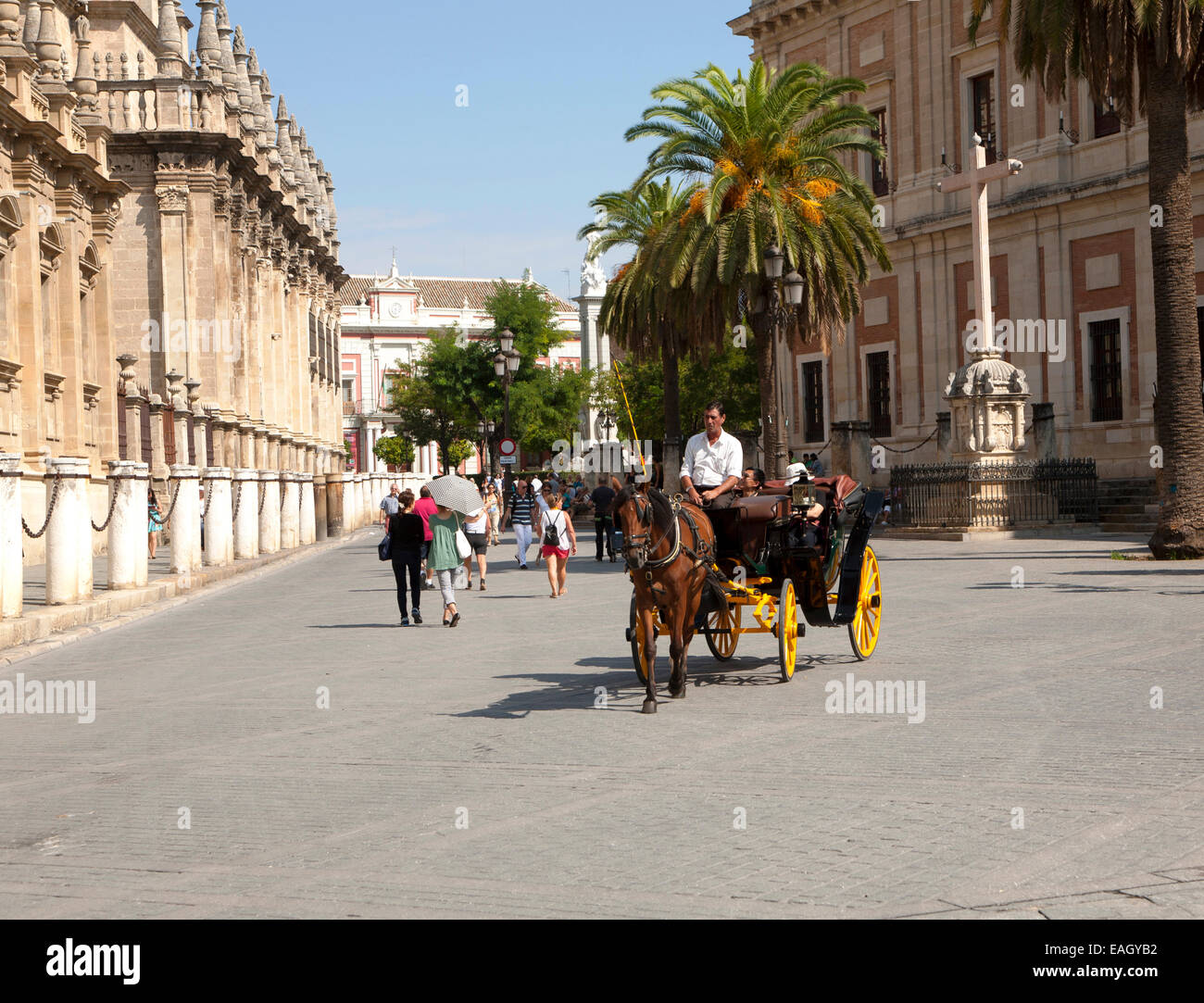 Horse and carriage rides for tourists through the historic central areas of Seville, Spain Stock Photo