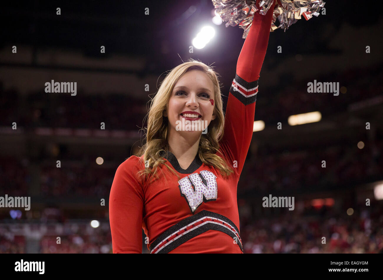 November 14, 2014: Wisconsin cheerleader during the NCAA Basketball game between the Wisconsin Badgers and the Northern Kentucky Norse at the Kohl Center in Madison, WI. Wisconsin defeated Northern Kentucky 62-31. John Fisher/CSM Stock Photo