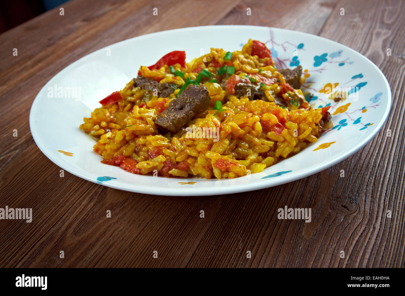East Indian Biryani Rice Dish with Meat - saffron rice Stock Photo