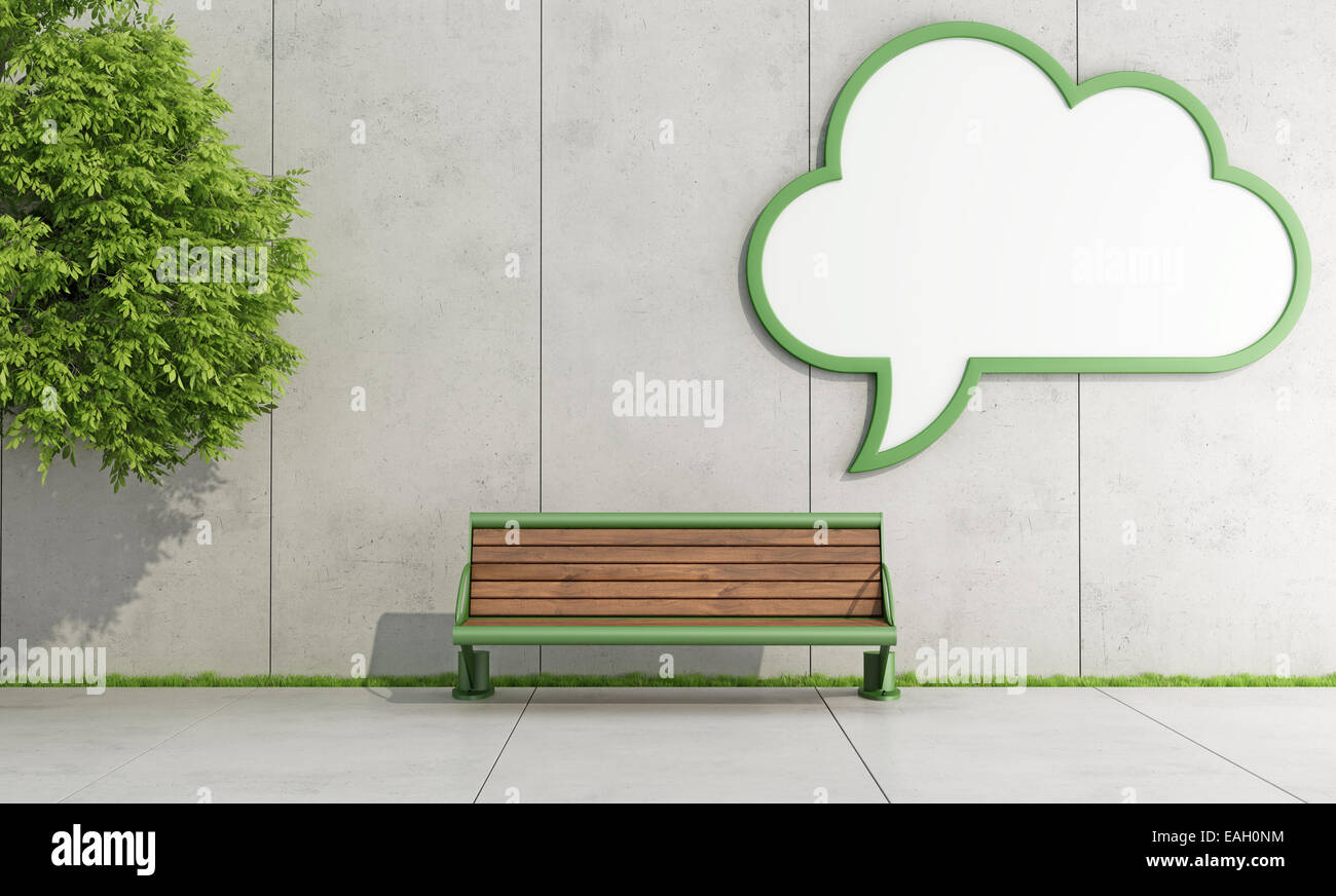 Blank street billboard  with the form of a cloud on concrete wall with bench - 3D Rendering Stock Photo