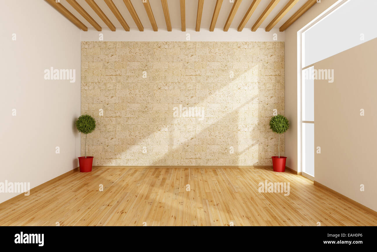 Empty white room with wooden floor, window and  stone wall - 3D rendering Stock Photo