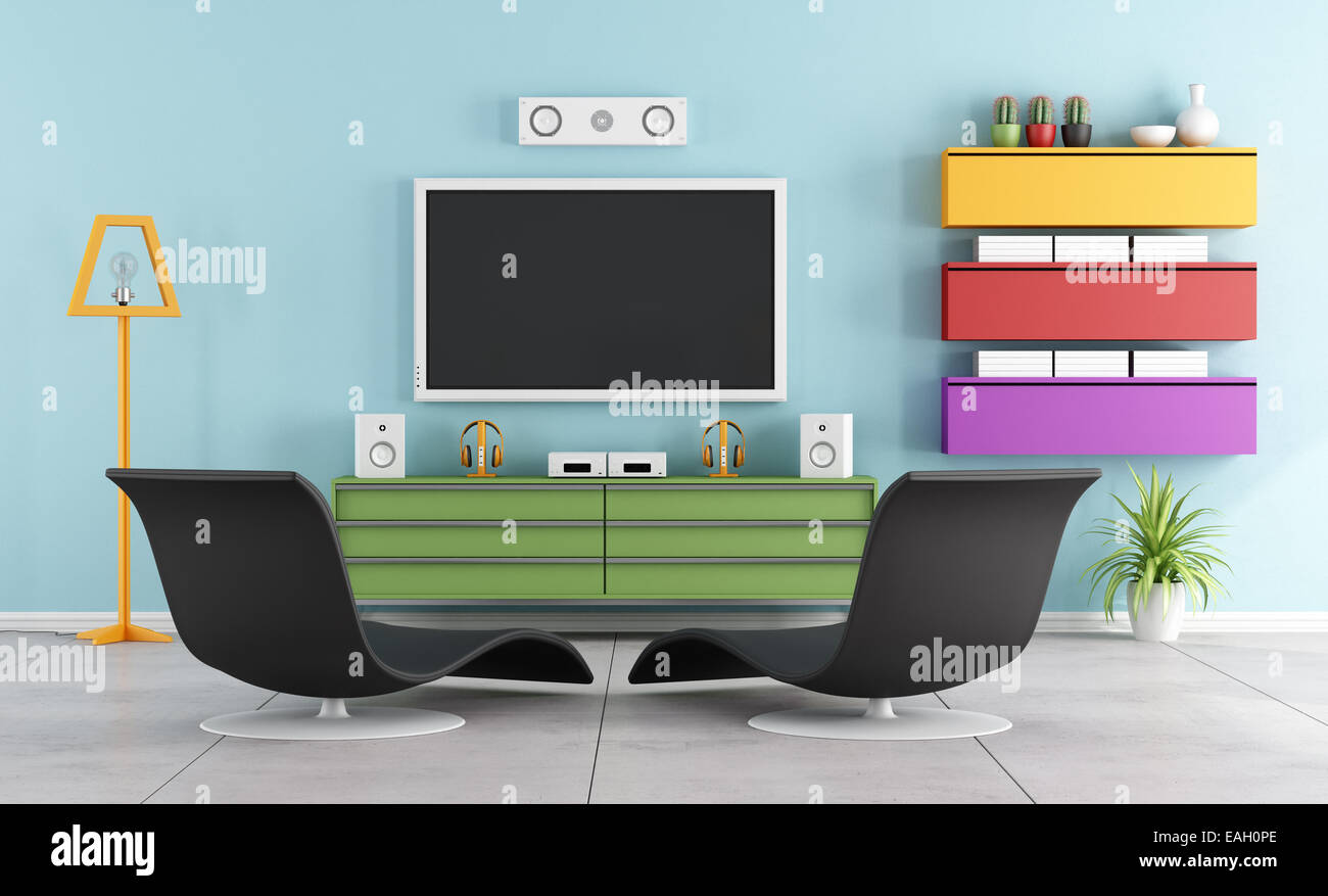 Colorful Living Room With Tv Wall Unit And Black Armchair 3d