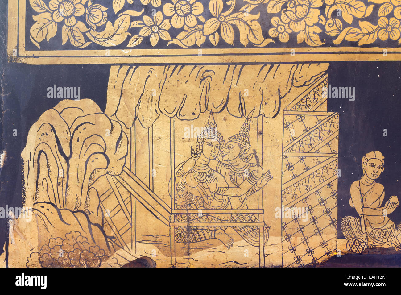 Traditional Thai art of painting on Ancient wall of Thai temple, wat Pho Stock Photo