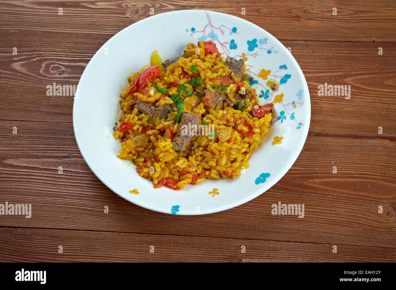 East Indian Biryani Rice Dish with Meat - saffron rice Stock Photo