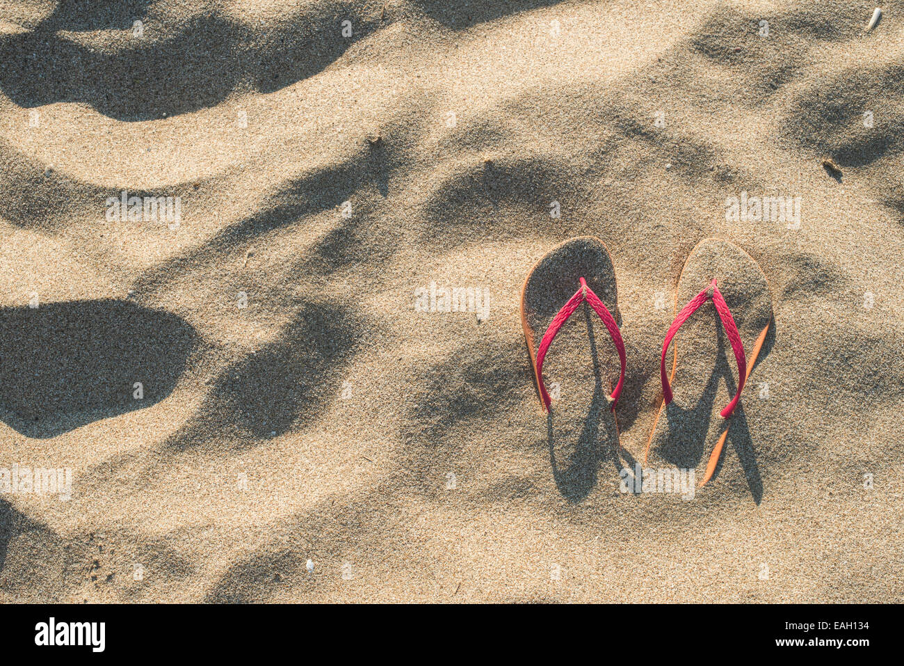 Pink sandals on the beach in the sand Stock Photo
