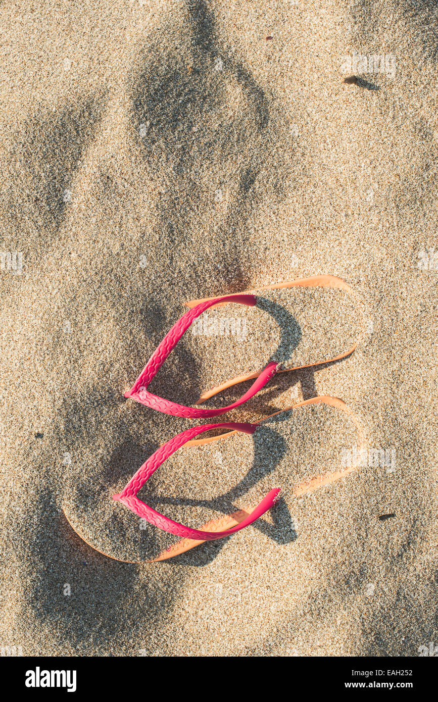 Pink sandals on the beach in the sand Stock Photo