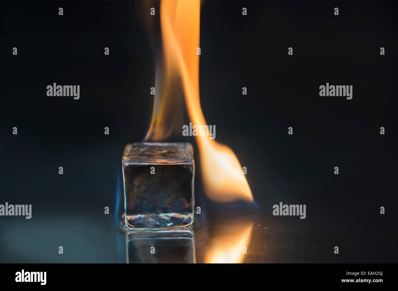 Burning ice cube on a shiny surface Stock Photo
