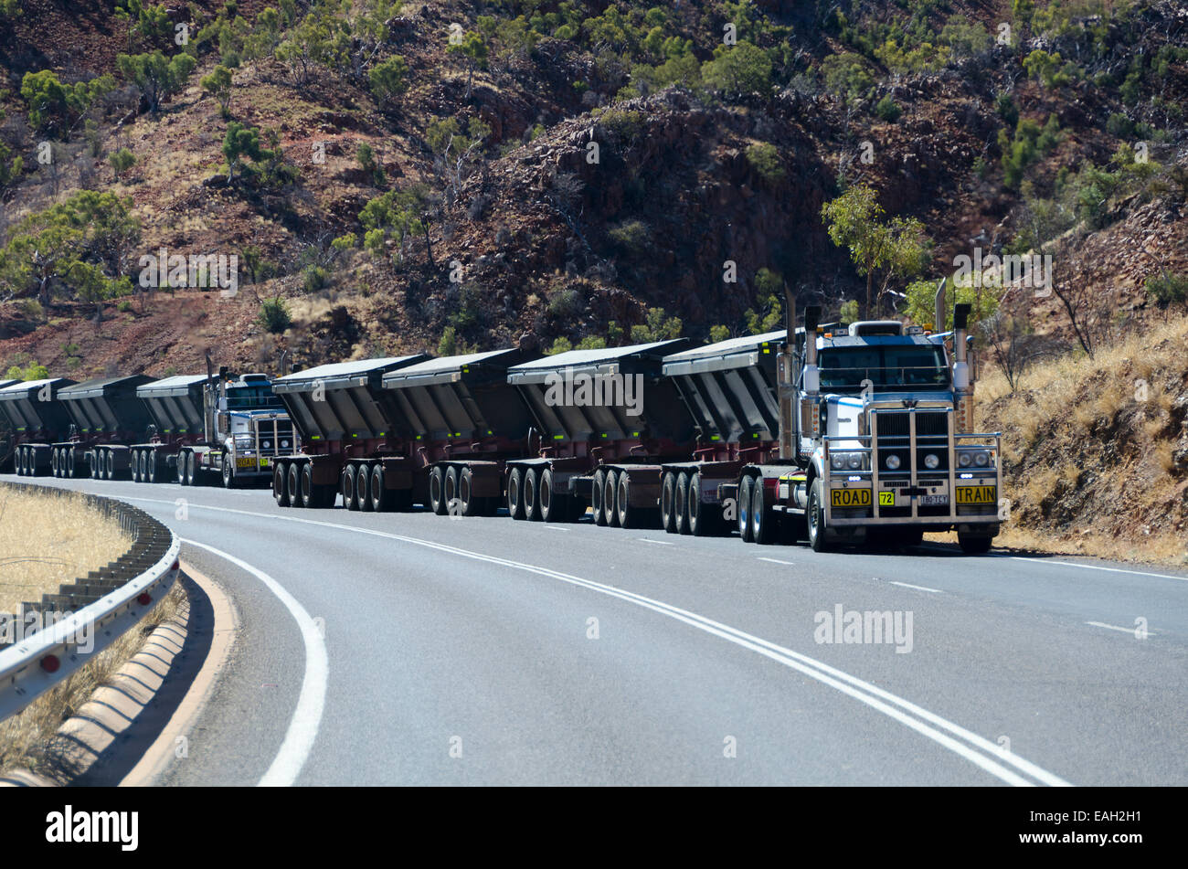 Road train on highway, Barkly Highway, near Mount Isa, Queensland, Australia Stock Photo