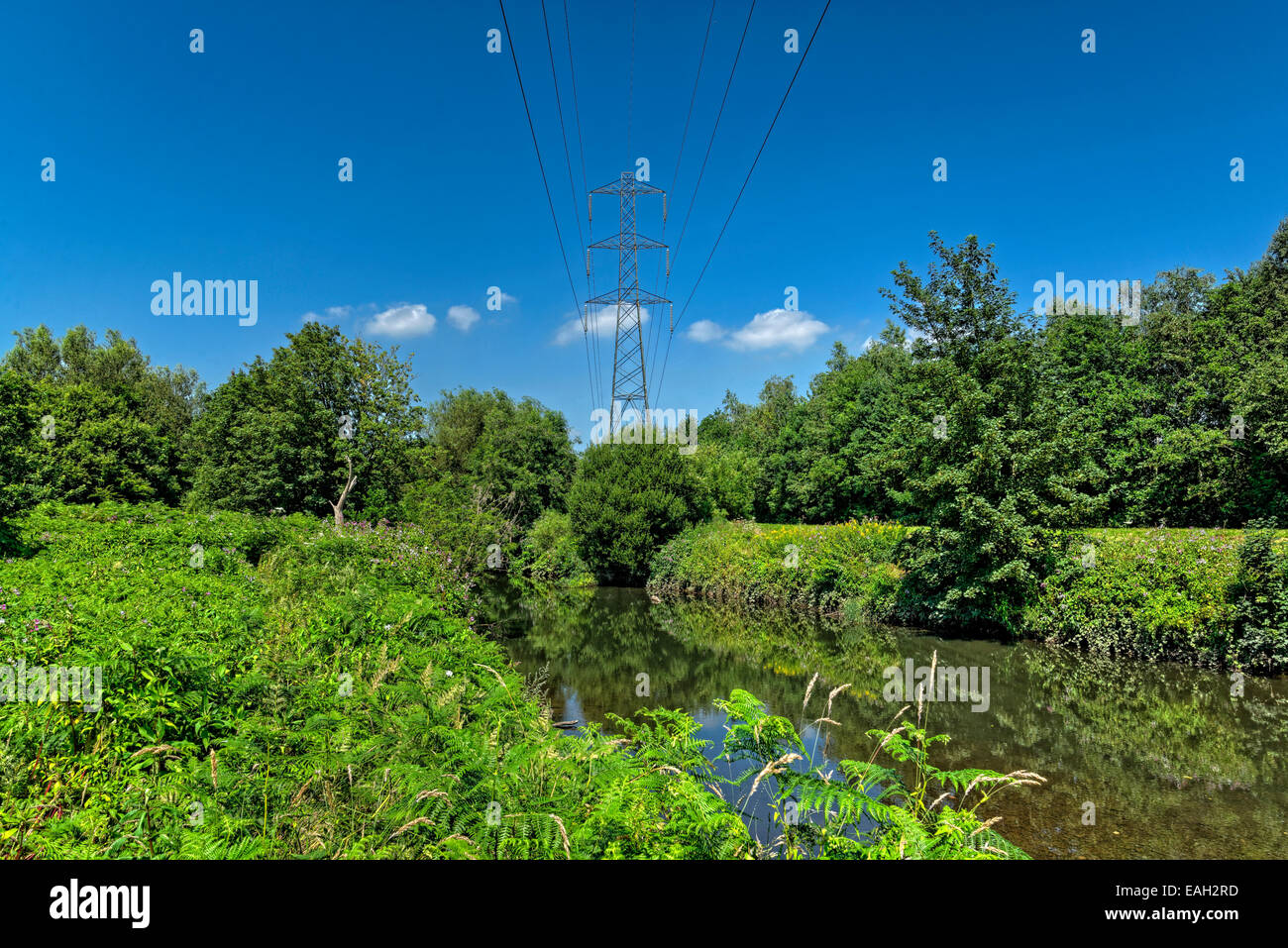Electric power lines crossing a bend in a river. Stock Photo
