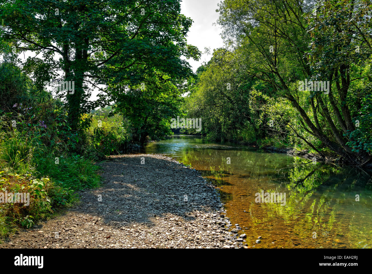 River which is drying up after several months of hot dry weather exposing gravel near the bank. Stock Photo
