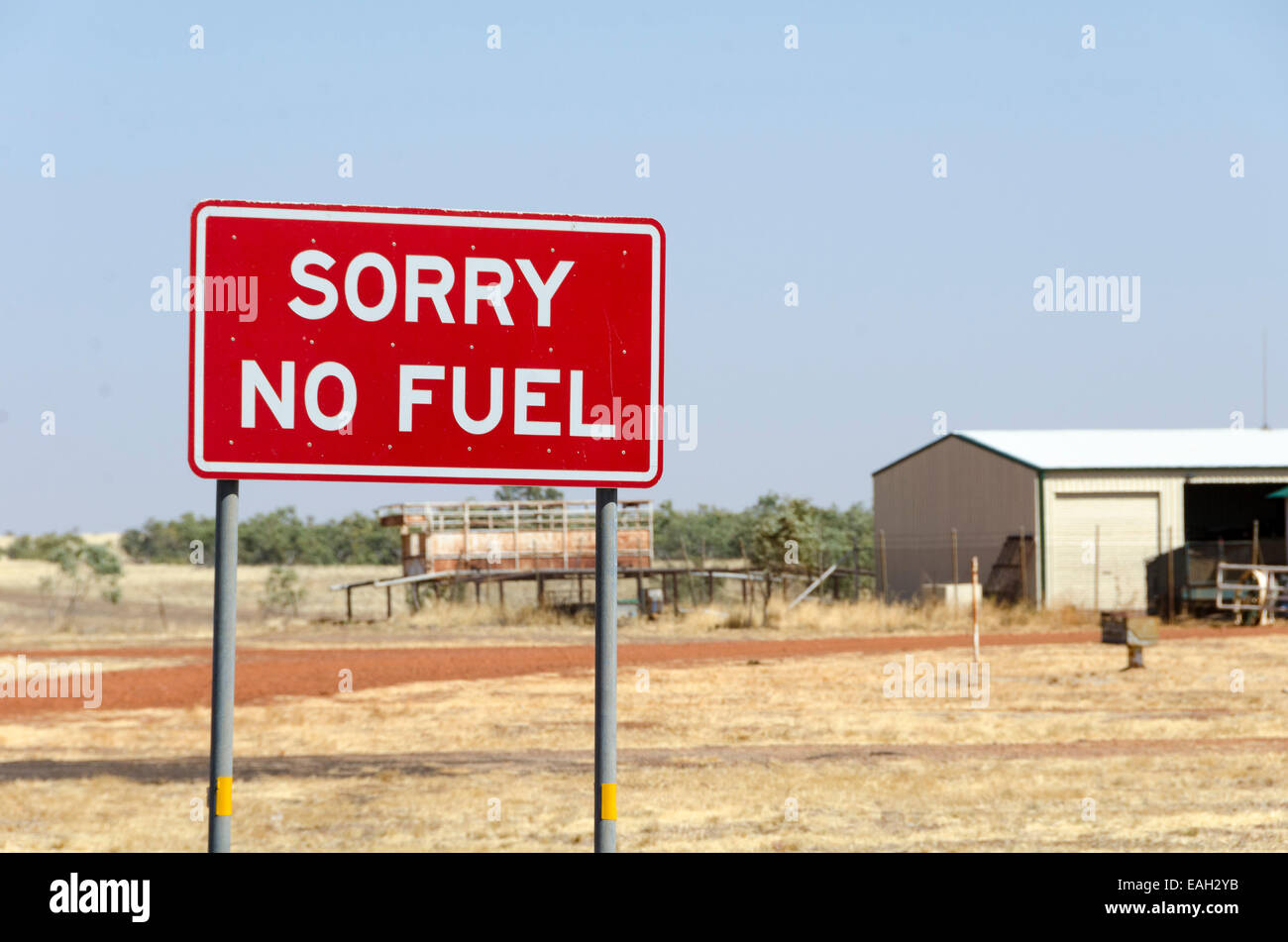 'Sorry No Fuel' sign Barkly Highway,Camooweal, Queensland, Australia Stock Photo