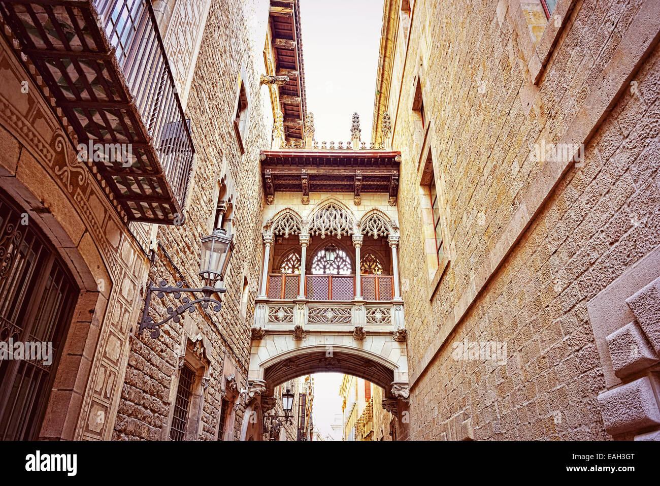 Gothic quarter in Barcelona, Spain, with medieval buildings preserved in good conditions till now. Vintage look filters applied Stock Photo