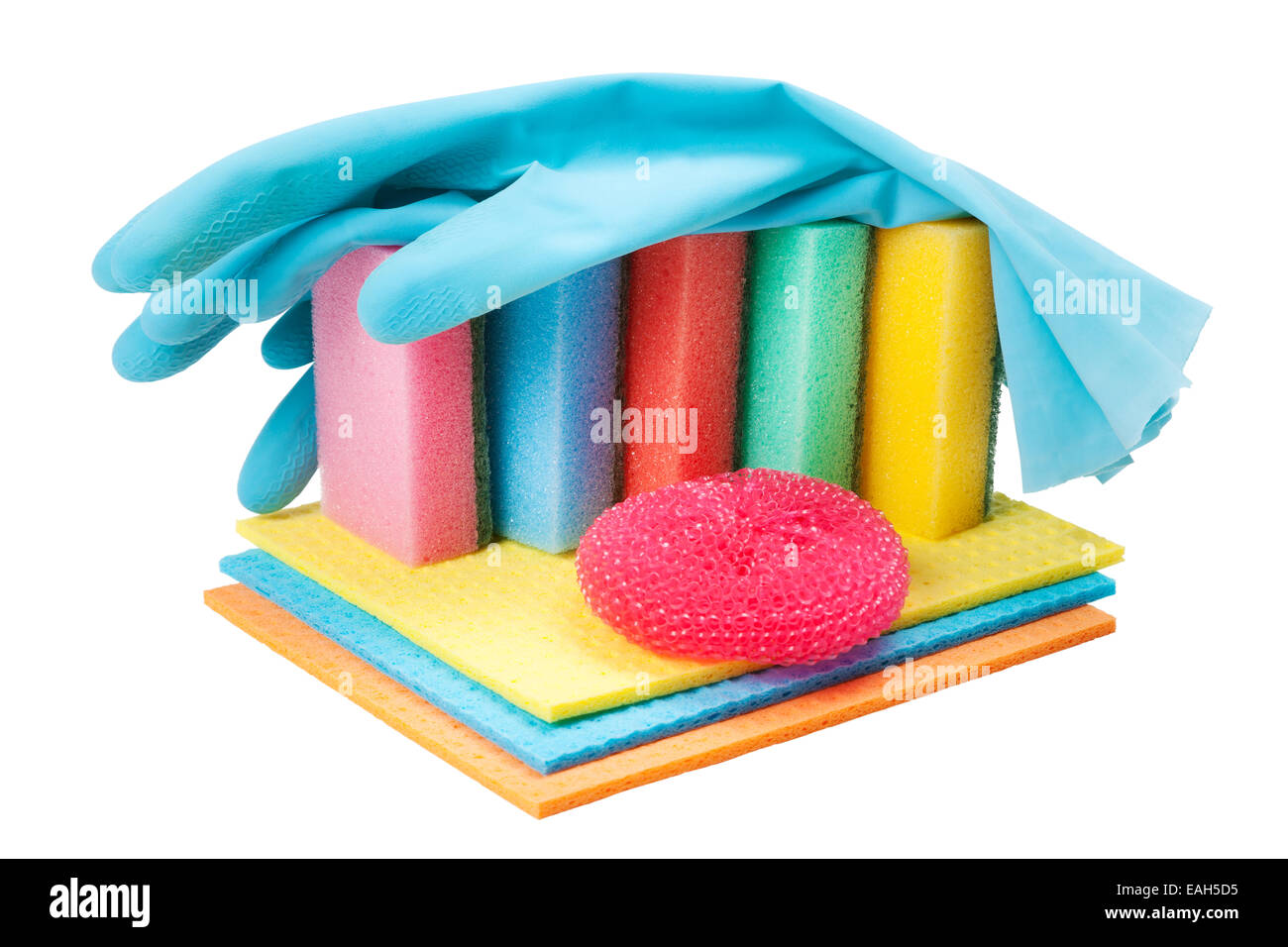 dish washing sponge, dishcloth, rubber gloves and scrub pad, isolated Stock Photo