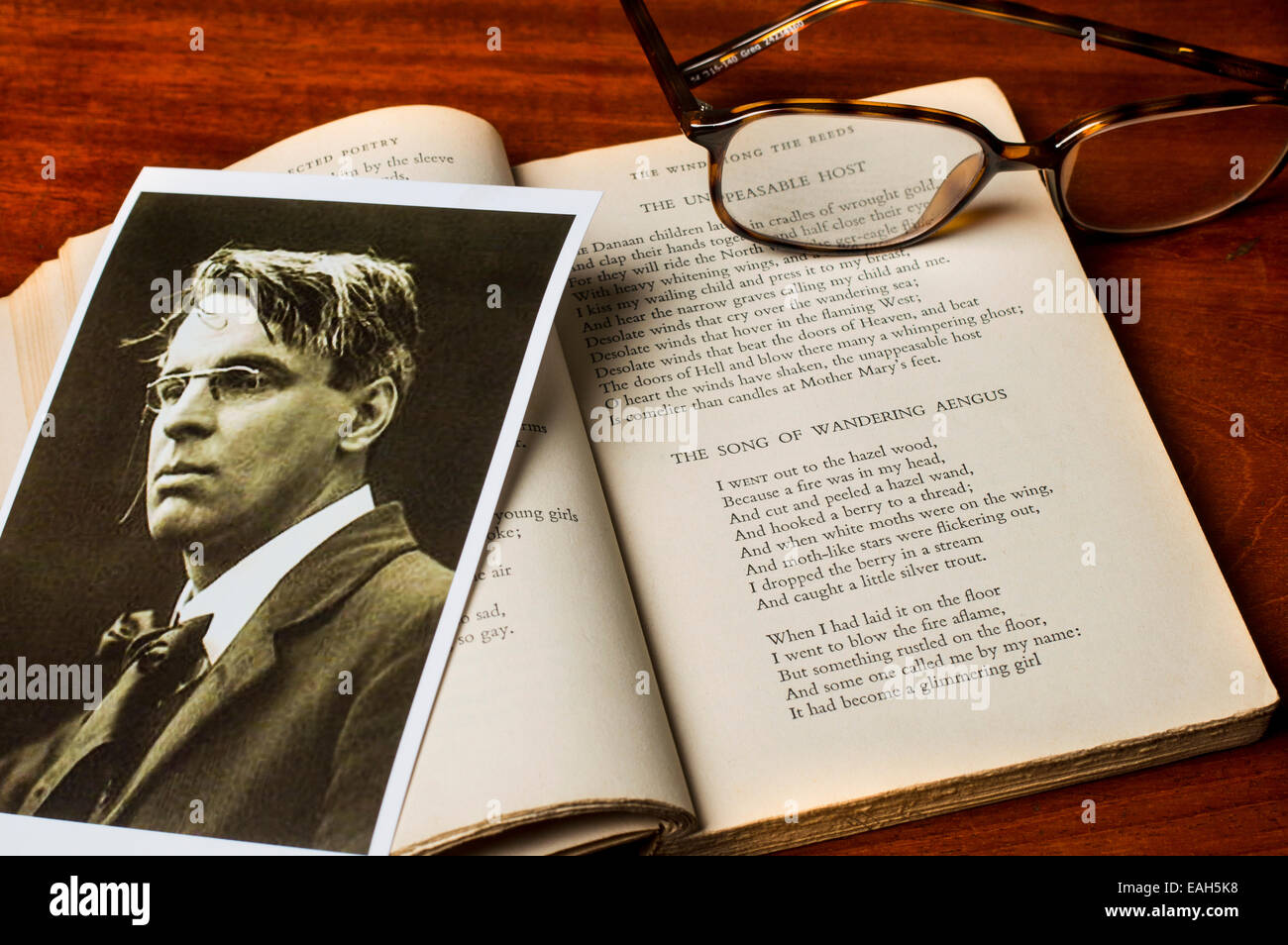 Photo of Irish poet W.B.Yeats with the text of his famous poem The Song of Wandering Aengus Stock Photo