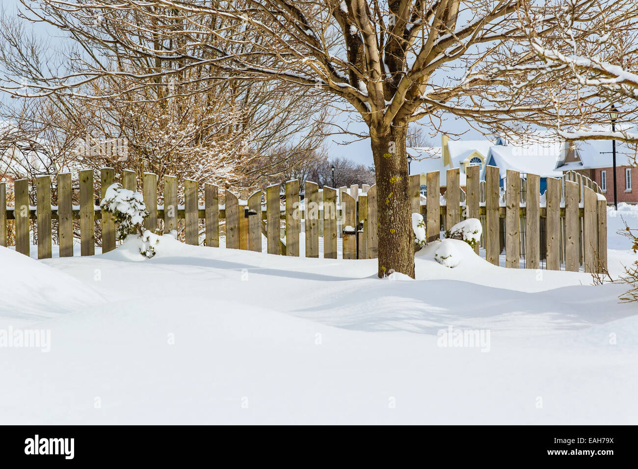 Garden gate of a suburban garden buried in snow. Stock Photo