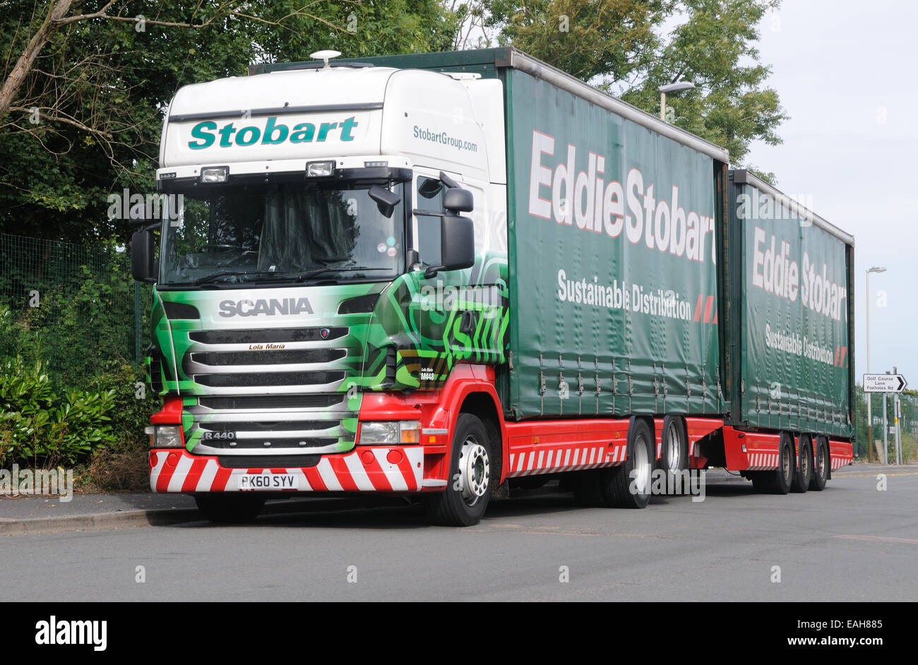 A Scania R440 lorry and trailer in Eddie Stobart livery in Leicester, Leicestershire, England Stock Photo