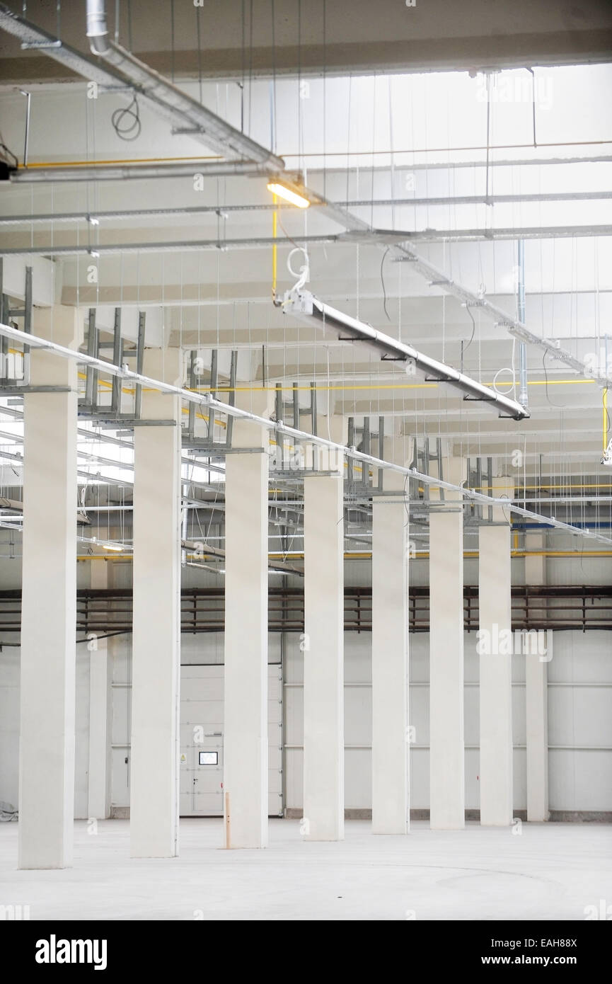 Interior detail with an empty industrial storage depot with ceiling heating system Stock Photo