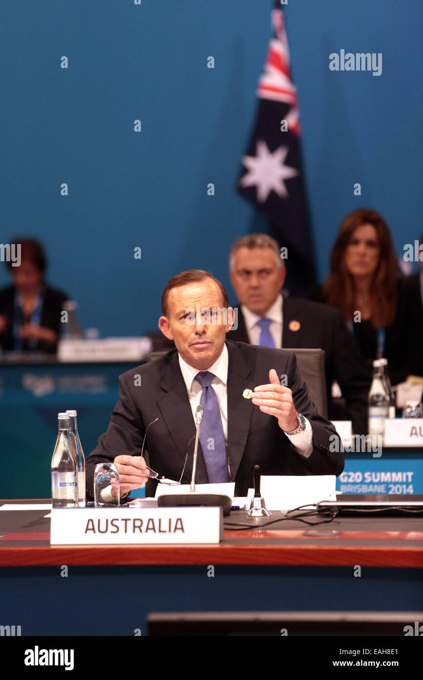 Brisbane, Australia. 15th Nov, 2014. Australian Prime Minister Tony Abbott hosts the opening session of the G20 Summit in Brisbane, Australia, Nov. 15, 2014. Credit:  Pool/Xinhua/Alamy Live News Stock Photo