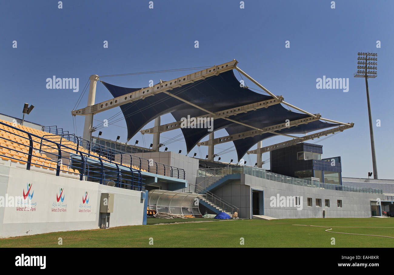A general view of the main stand and one of the floodlights at West End Stadium, Doha, Qatar on a sunny day Stock Photo