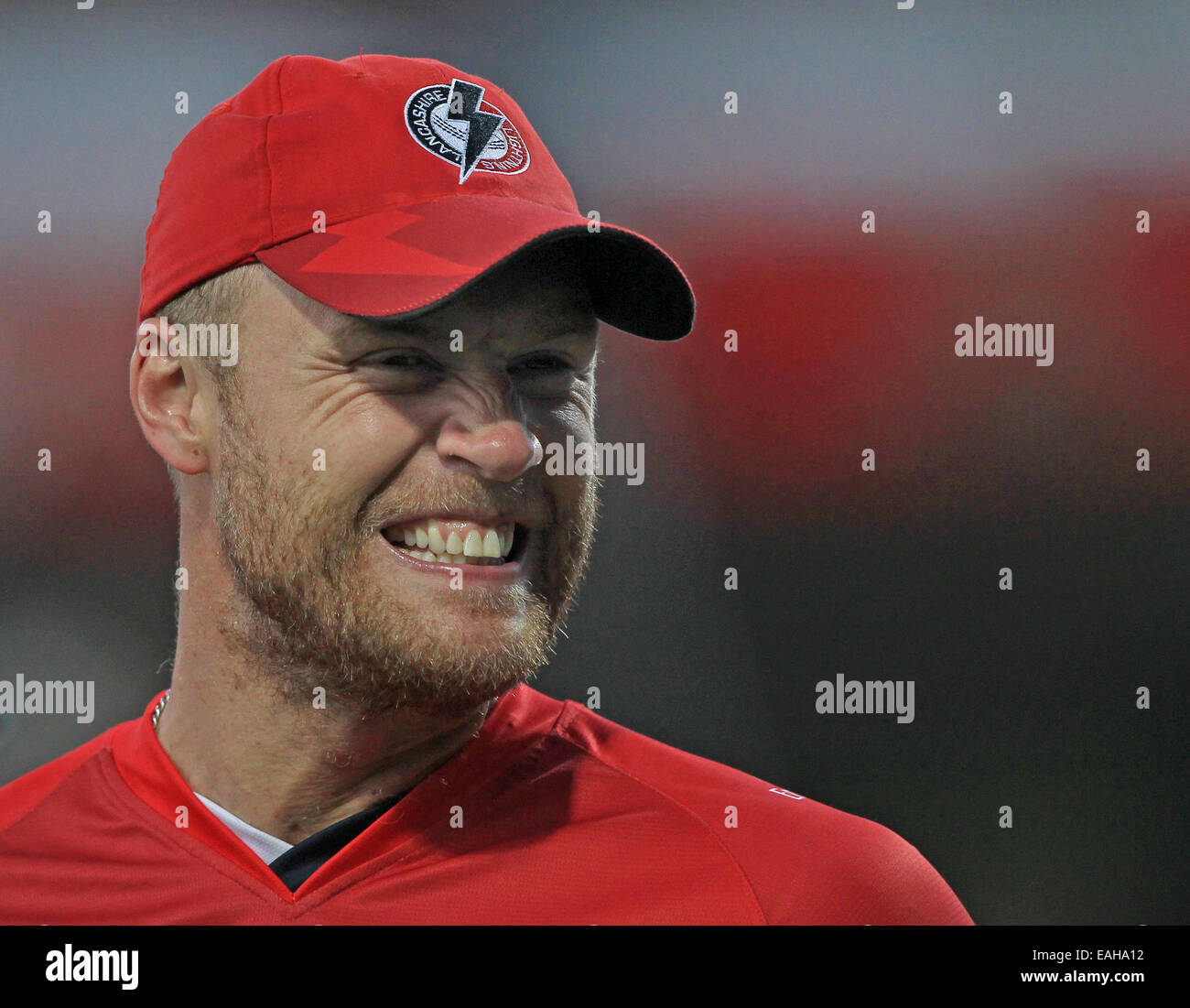 Cricket - head shot of Andrew Flintoff of Lancashire Lightning grinning at someone in the crowd on Twenty20 Finals Day 2014 Stock Photo