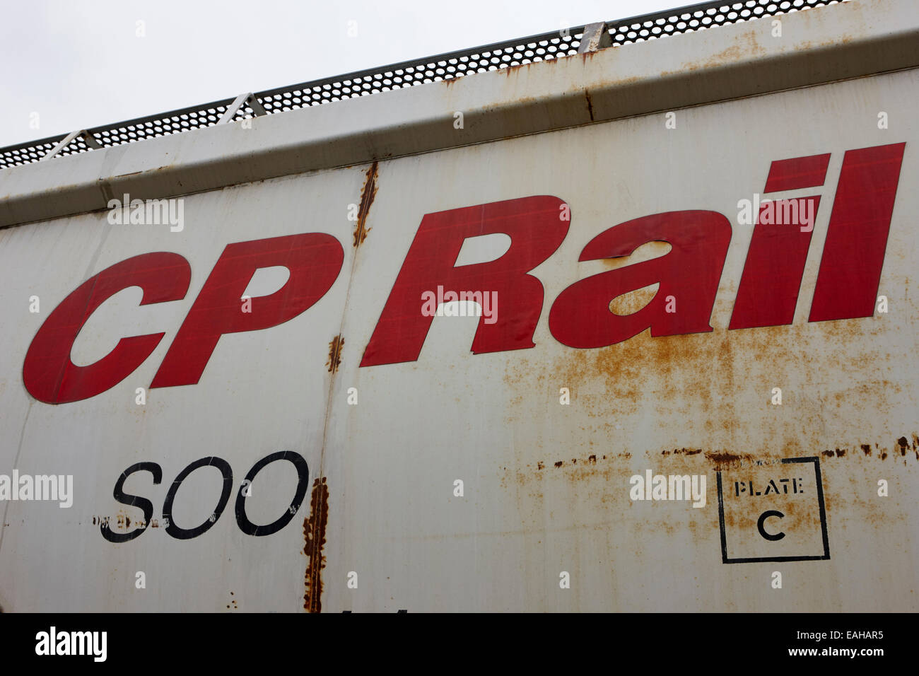 CP Rail freight grain trucks on former canadian pacific railway Saskatchewan Canada Stock Photo