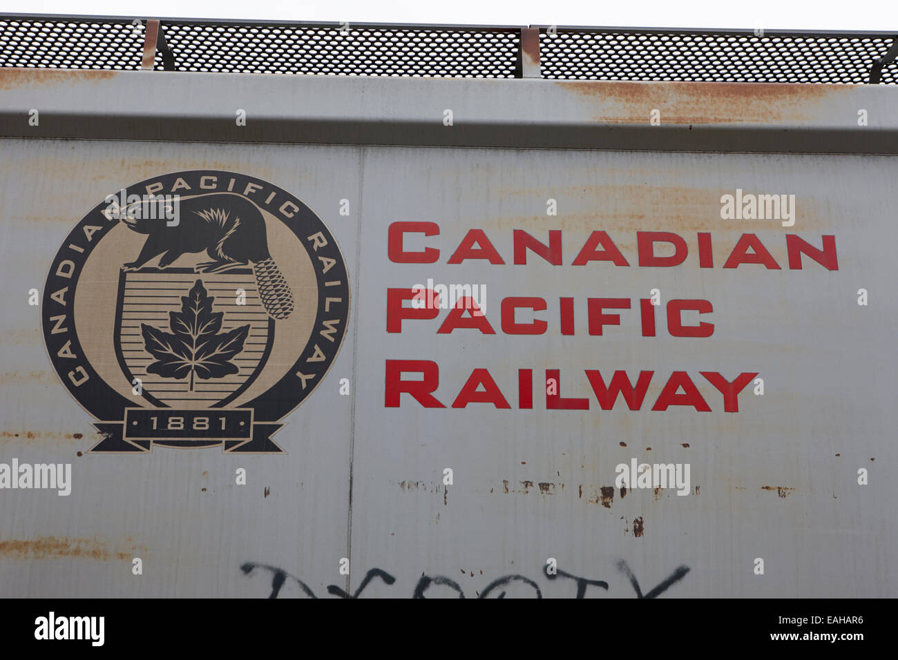 freight grain trucks on canadian pacific railway Saskatchewan Canada Stock Photo