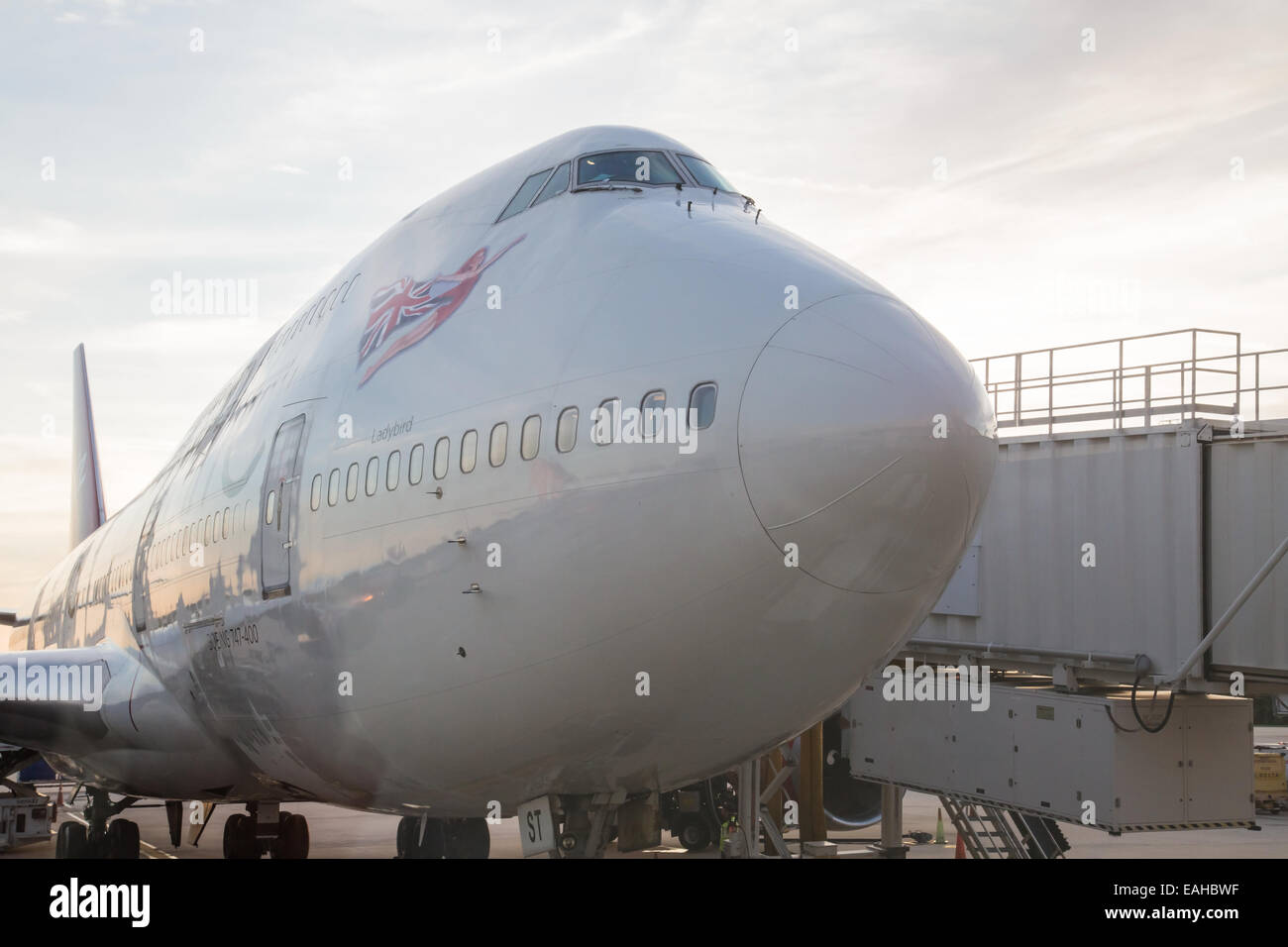 Virgin Atlantic Being 747 at the airport gate waiting for departure. Stock Photo