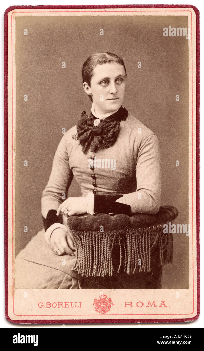 Victorian carte-de-visite, portrait of a young woman.  Taken in the studio of G. Borelli, Rome, Italy circa 1885 Stock Photo