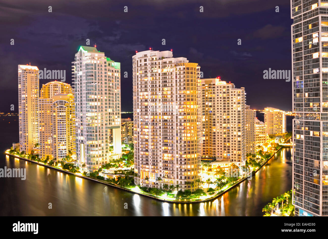 Brickell Key - Maimi, Florida: Night time shot of the Condominiums on Brickell Key, a man-made island in Miami, Florida. Stock Photo