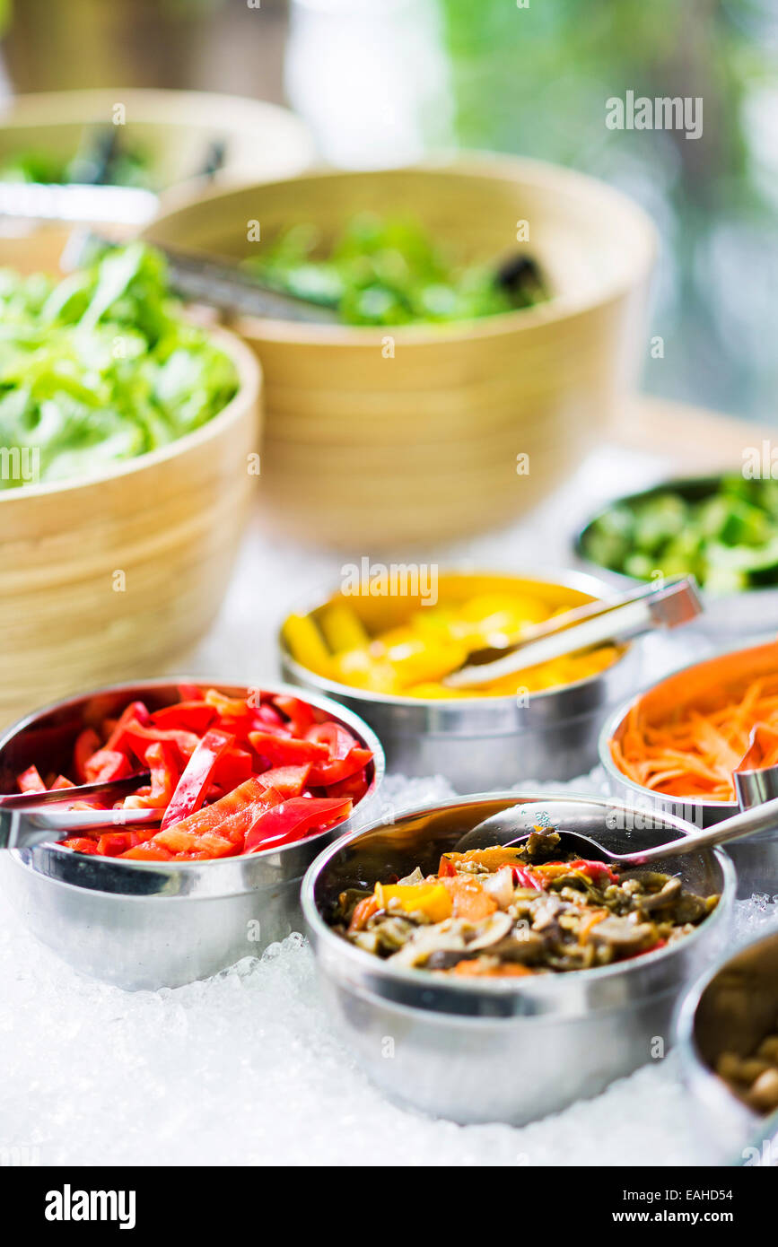 salad bowls with mixed fresh vegetables in display Stock Photo Alamy