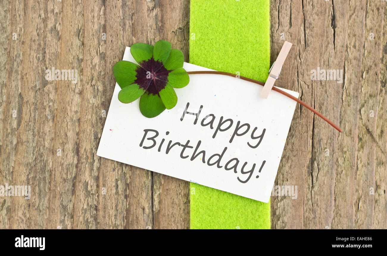 English Birthday Card With Leafed Clover Stock Photo Alamy