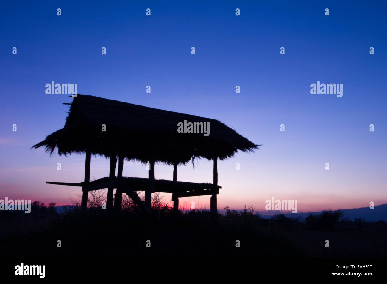 Silhouette of a hut and tree at sunset in Chiang rai, Thailand Stock ...