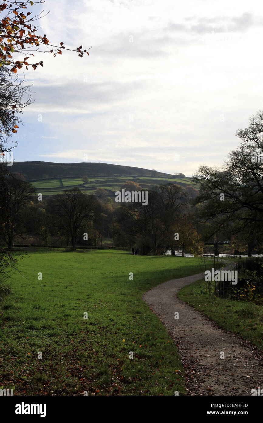 Dales Way opposite Cavendish pavillion in Wharfedate at Bolton Abbey, Skipton, North Yorkshire, England Stock Photo