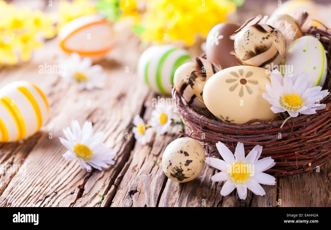 Easter still life with traditional decorative eggs in nest Stock Photo ...