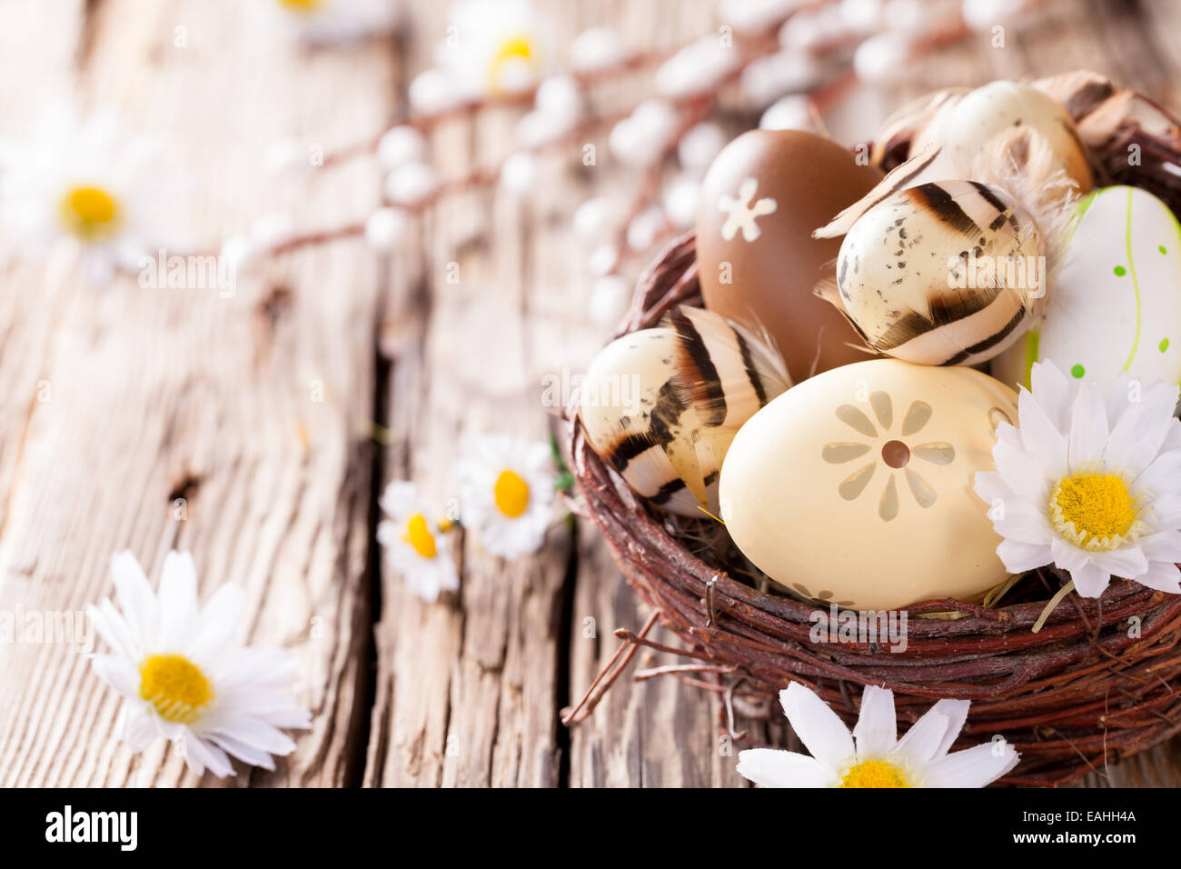 Easter still life with traditional decorative eggs in nest Stock Photo ...
