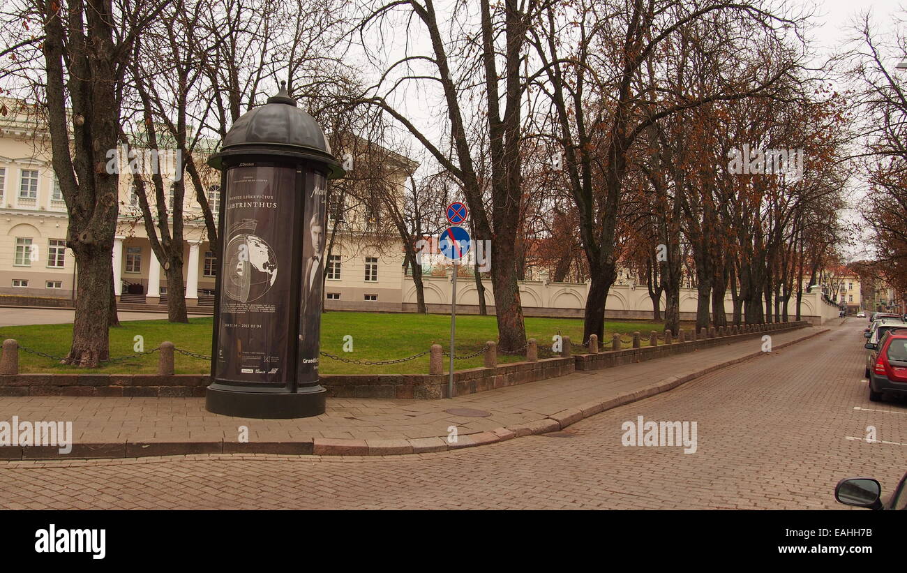 Vilnius,Lithuania. 15 November,2014. Lithuanian presidency hung signs indicate a prohibition to go with the dogs. Other President's Dalia Grybauskaite decision to allow the ritualistic slaughter of animals Animal Rights Organization appealed against the European Commission. Stock Photo