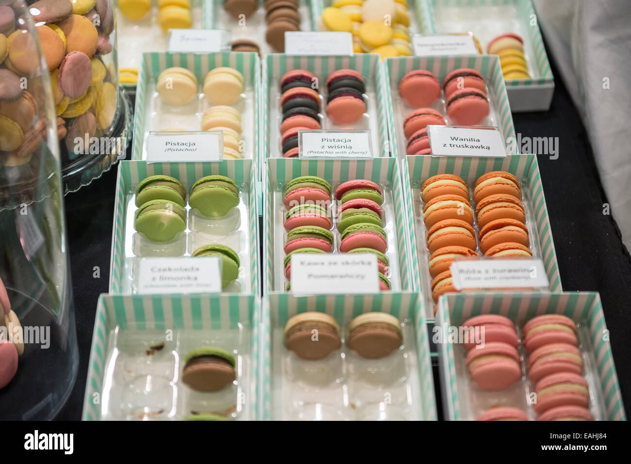 Warsaw, Poland. 15th November, 2014. Macaron - French sweet meringue-based confection displayed on a stand during the International Chocolate and Sweets Festival at the Palace of Culture and Science in Warsaw, Poland Credit:  kpzfoto/Alamy Live News Stock Photo